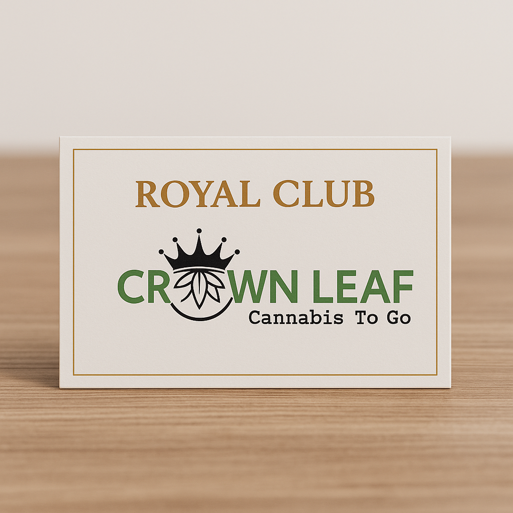 Royal Club card of crownleaf cannabis to go standing up on a table